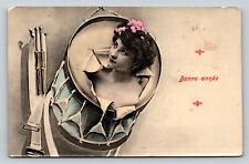 Bare Chest Woman Busts Out of Drum HAPPY NEW YEAR Bonne Année VINTAGE Postcard picture