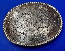 Vintage Floral Theme Silver Tone Western Oval Belt Buckle W/ Thick Rope Boarder picture