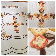 Vintage Floral Chenille Queen Bedspread Coverlett Brown Orange Yellow 88” X 105 picture