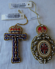 Harrods Jeweled Beaded Crown Cross Alphabet Great Britain Monarchy Ornaments x2 picture
