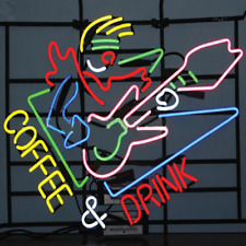 Coffee and Beer Rock Guitarist Real Glass Neon Sign Light Store Hanging 24