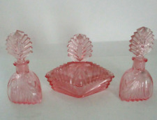 New Martinsville Glass Pink Art Deco Vanity Set- Perfume Bottles, Puff Jar picture