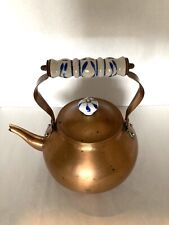 Vintage Copper Tea Pot with Ceramic Handle Blue White Mid Century Pattern picture
