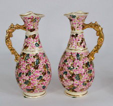 Matching Pair Antique Fischer J. Budapest Hungary Reticulated Pink Floral Ewers picture