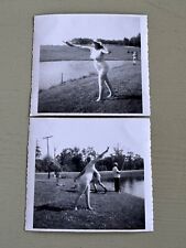 2 Vintage Photographs Older Woman Wearing Swimming Bathing Suit While Fishing picture