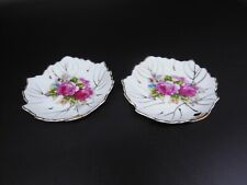 Porcelain Leaf Shaped Set of 2 Trinket Dishes Roses w/Gold Trim Hand painted picture