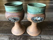 Pottery Goblet Chalice Set Of 2 Signed Vintage 1978 Wood Fired With Rocks Rare picture