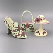 Mini Decorative Ladies High Heel Shoe Purse Hat  Figurine Blue With Roses picture