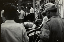 Group Of People Standing Around Body Of Man On Cart B&W Photograph 2.5 x 3.5 picture