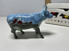 Vintage 2001 Cow Parade Figurine #9181 Puzzled Cow Farmhouse Barn Blue picture
