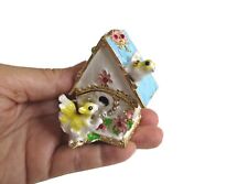 Bejeweled Blue Birdhouse Hinged Metal Enameled Rhinestone Trinket Box picture