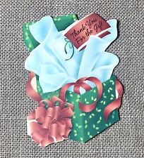 Vintage Hallmark Die Cut Christmas Thank You Card Green Gift Present Red Bow picture