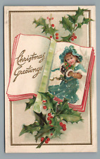 Vintage Christmas Girl Holly Berry Hands in Muff Embossed Postcard UnPosted picture