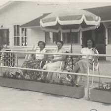 Vintage 1951 Black and White Photo Women Sitting Patio Table Umbrella Vacation picture