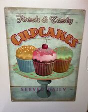 Vintage Metal Tin Sign Fresh & Tasty Cupcakes Bakery Shop Retro Wall Decor picture