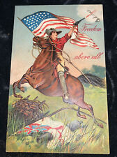 “FREEDOM ABOVE ALL”  WESTERN COWBOY FLAG PATRIOTIC GUNS EMBOSSED 1908 POSTCARD picture