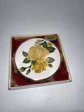Vintage Eisho Japan Powder Compact Yellow Roses, Rose Gold & Green Leaves NOS picture