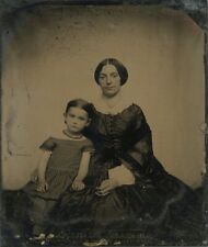 MOM & LITTLE GIRL NICELY POSED FASHION 1850s NEFF'S PATENT SIXTH PLATE TINTYPE picture
