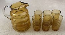 Vintage  Yellow Glass Pitcher W/ 6 Glasses And Clear Handle 60s/70s picture