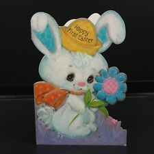 Vtg Hallmark Greeting Card Diecut Happy First Easter White Bunny Holding Flower picture