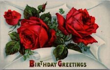 Vintage 1910s BIRTHDAY GREETINGS Gel Postcard Red Roses Bursting Thru Envelope picture