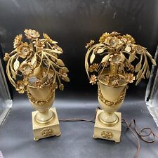 2 Vintage Italian Hollywood Regency Gold Gilt Floral Tole Metal Table Lamps 19” picture