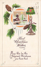 VINTAGE CHRISTMAS POSTCARD LAMP PINE BOUGHS WINTRY VIEW 1919 XMAS SEAL 113022 R picture