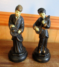 Vin. 1950's Asian Man & Woman Chalkware Musician Figurines picture