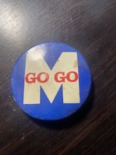 GO GO M VINTAGE PINBACK PIN BACK BLUE FIELD LARGE WHITE M & GO GO IN RED  picture
