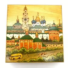 Vintage Russian hand carved wooden box USSR 1990 Square hand painted trinket picture
