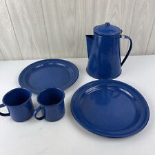 LOT 5 Pieces Vintage Blue Speckle Enamel Ware Coffee Pot / Coffee Cups / Plates picture