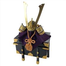 Japanese Wood Boxed Brass Kabuto Samurai Helmet Display Vtg Yoshitsune ID558 picture