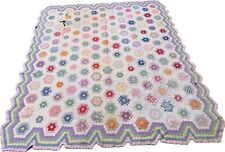 Vintage Grandmothers Flower Garden Quilt 5 Color Big Flaws Rips Holes 83x95” picture