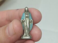 Vintage Catholic Miraculous Mary Gold Tone Blue Enameled Acrylic Pocket Figure picture