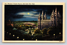 Linen Postcard Salt Lake City UT Utah Moonlight Mormon Temple Square picture
