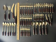 Vintage MCM 56 piece Thailand Brass  Rosewood  Flatware Siam 7 Place Settings picture