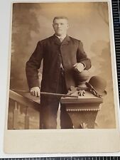 RARE c.1880 EMBOSSED CABINET CARD MAN W/CANE J.O. OLESON PHOTO DEKALB ILLINOIS picture