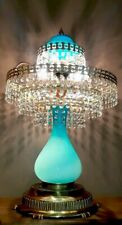 Antique/Vtg Victorian Blue Opaline Glass Crystal Parlor Chandelier Lamp Light picture