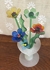 Vintage Hand Blown Glass Flower Bouquet in Frosted Vase Valentine picture