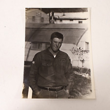 1960s US Army Specialist Stoops at Base in Korea Candid Photo 6.5x4.75