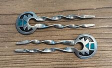 Vintage Sterling Silver Turquoise Native American Hair Pin Pair  picture