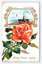Old Postcard Embossed Rose Sailing Ships Ocean Love Hillsboro TX 1911Flag Cancel picture
