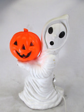 Vintage plastic blow mold ghost holding orange pumpkin Halloween decoration picture