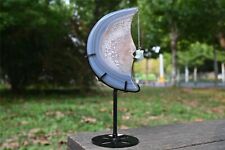380g Natural geode agate moon Quartz Crystal carved Reiki Decor+ Stand WK490 picture