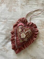 Vintage Heart Shaped Pin Cushion Pink Velvet Satin Sequins Lace Crochet Coquette picture