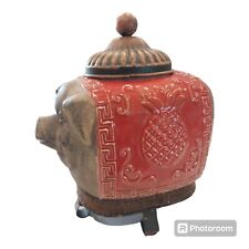 Vintage Pier One Metal Pig Footed Ceramic Asian Scroll, Jar Pineapple Design  picture