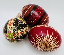 Pysanky Handpainted Polish Ukrainian Set Of 3 Vintage Easter Real Chicken Eggs picture