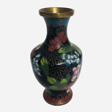 Republic China Vintage Cloisonne Brass Vase Floral Inlay Small 3” Tall picture