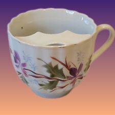 Vintage Handpainted Porcelain Mustache Saver Mug Cup Purple Flowers Ribbed picture