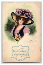 c1910's Victorian Girl Big Hat Flowers Wicked Eyed Dear Posted Antique Postcard picture